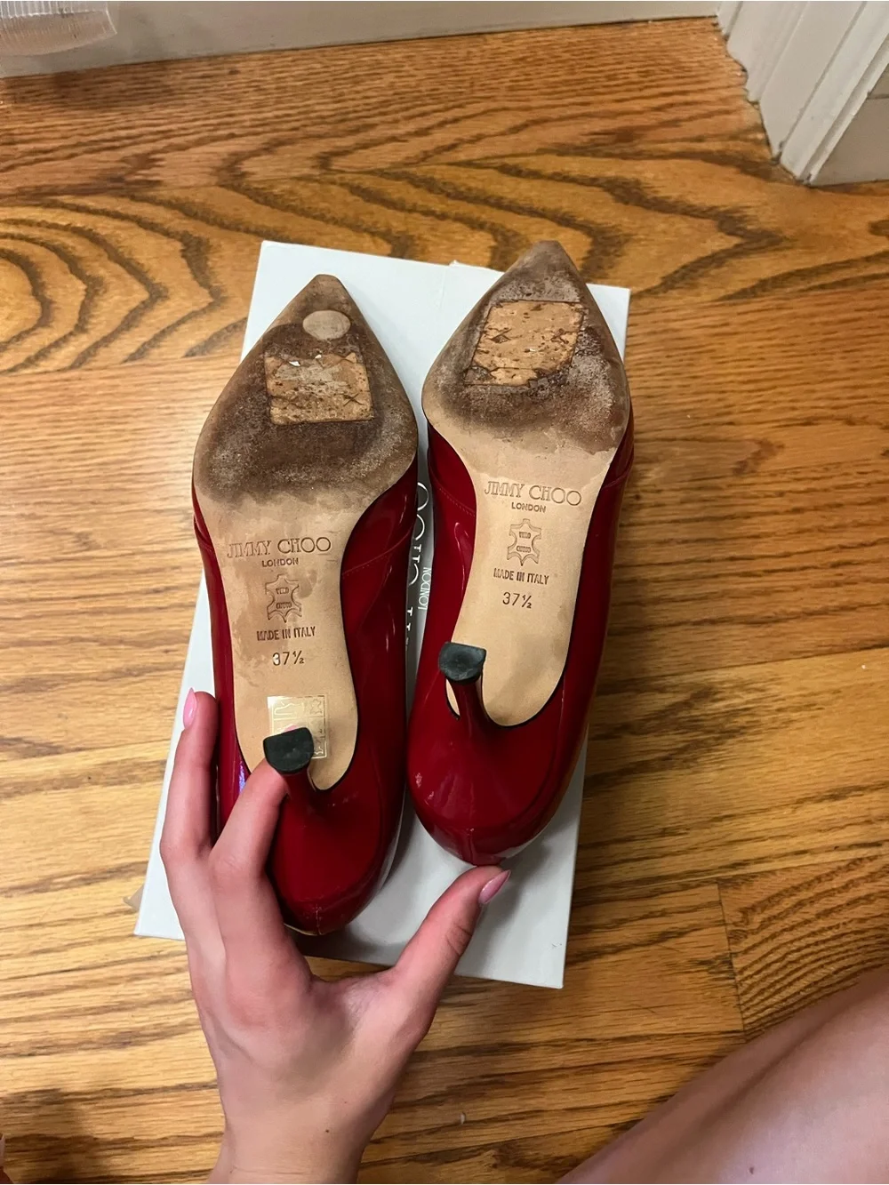Jimmy Choo Red Patent Pointed-Toe Cutout Pumps